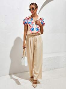 SHEIN VCAY Floral Print Puff Sleeve Shirt - Apricot - View 5