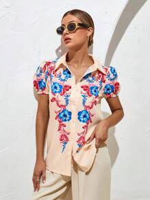 SHEIN VCAY Floral Print Puff Sleeve Shirt - Apricot - View 6