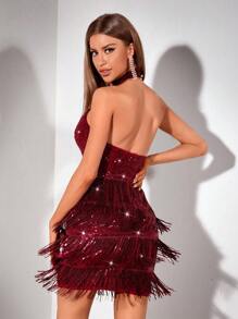 Allurite 酒红色露背亮片连衣裙，适合新年假日派对穿着，酒红色女装，夜店装，假日装，裹身裙，鸡尾酒会短裙，适合新年假日派对穿着。