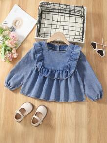 女小童荷葉邊燈籠袖荷葉邊下擺牛仔上衣 - 中等水洗藍 - 查看 1