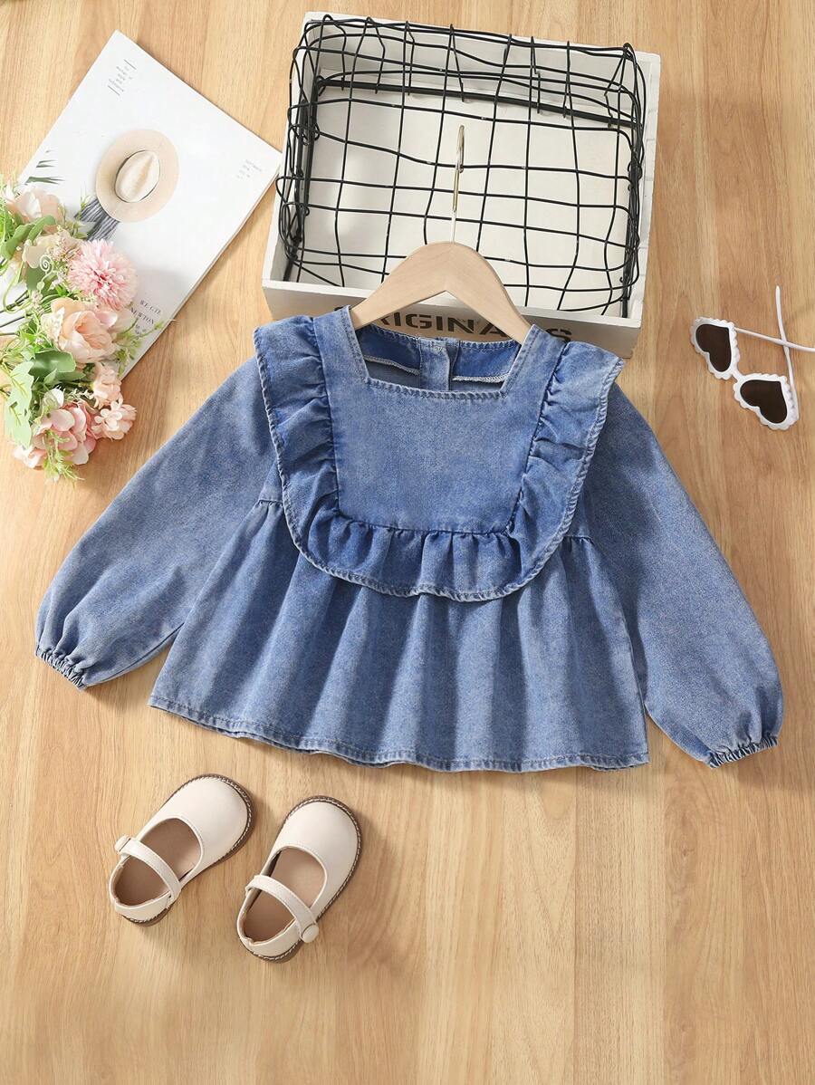 女小童荷葉邊燈籠袖荷葉邊下擺牛仔上衣 - 中等水洗藍 - 查看 1