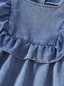 女小童荷葉邊燈籠袖荷葉邊下擺牛仔上衣 - 中等水洗藍 - 查看 3