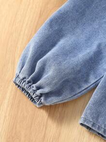女小童荷葉邊燈籠袖荷葉邊下擺牛仔上衣 - 中等水洗藍 - 查看 4