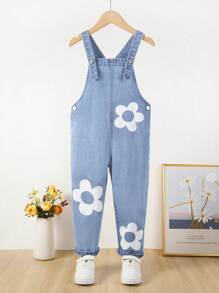 Young Girl Floral Print Denim Overall