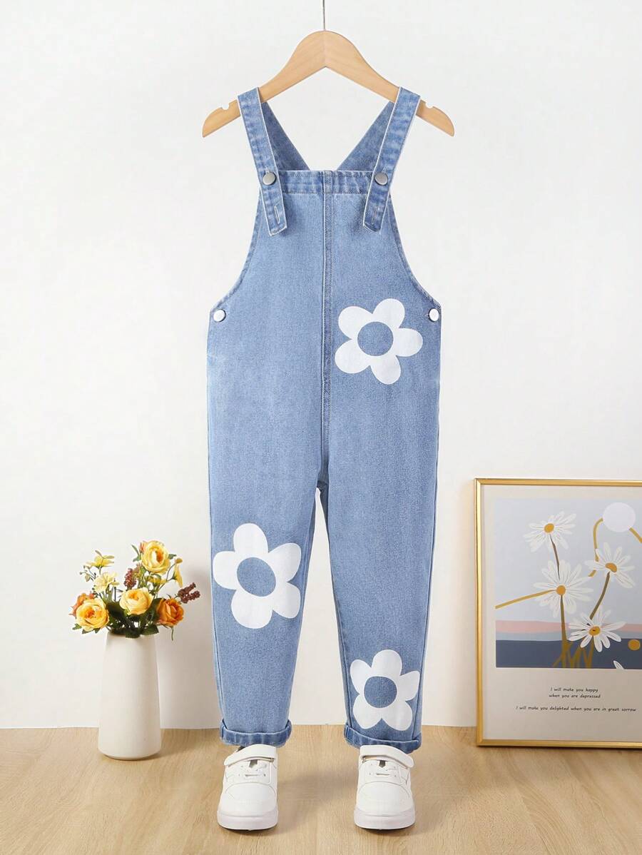 Young Girl Floral Print Denim Overall