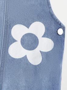 Young Girl Floral Print Denim Overall