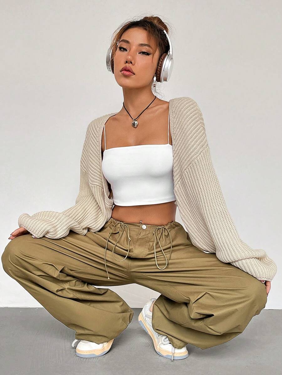 SHEIN Unity 素色落肩袖開門襟短款開衫 - 杏色 - 查看 1