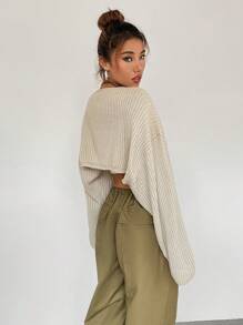 SHEIN Unity 素色落肩袖開門襟短款開衫 - 杏色 - 查看 2