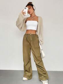 SHEIN Unity 素色落肩袖開門襟短款開衫 - 杏色 - 查看 3