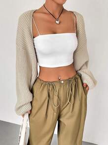 SHEIN Unity 素色落肩袖開門襟短款開衫 - 杏色 - 查看 6