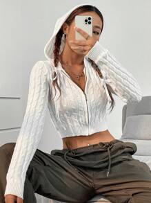 SHEIN Unity Cable Knit Zip Up Crop Hooded Cardigan - White - View 1