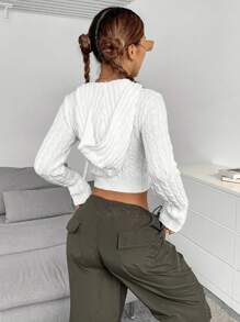 SHEIN Unity Cable Knit Zip Up Crop Hooded Cardigan - White - View 2