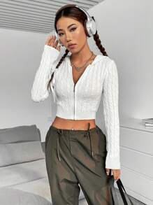 SHEIN Unity Cable Knit Zip Up Crop Hooded Cardigan - White - View 3