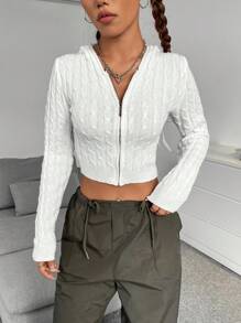 SHEIN Unity Cable Knit Zip Up Crop Hooded Cardigan - White - View 4
