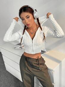 SHEIN Unity Cable Knit Zip Up Crop Hooded Cardigan - White - View 5