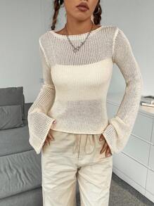SHEIN Unity Áo len dài tay cổ tròn ôm sát màu trơn gợi cảm đa năng - Màu be - Xem 3