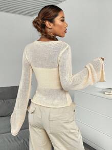 SHEIN Unity Áo len dài tay cổ tròn ôm sát màu trơn gợi cảm đa năng - Màu be - Xem 2
