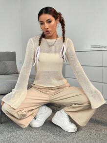 SHEIN Unity Áo len dài tay cổ tròn ôm sát màu trơn gợi cảm đa năng - Màu be - Xem 5