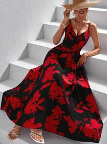 SHEIN VCAY Floral Print Belted Cami Dress - Black - View 1