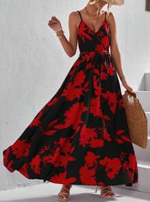 SHEIN VCAY Floral Print Belted Cami Dress - Black - View 4