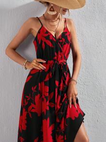 SHEIN VCAY Floral Print Belted Cami Dress - Black - View 6