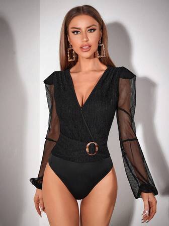 SHEIN Privé 網紗拼接燈籠袖腰帶連身背心