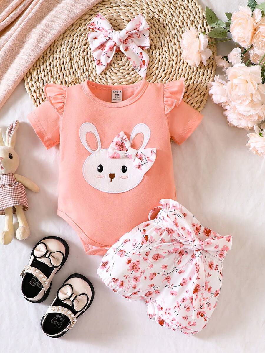 SHEIN 女嬰兔子印花荷葉邊連身背心&短褲& 頭巾 - 彩色 - 查看 1