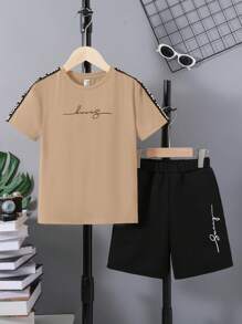 SHEIN 男大童字母圖案織帶拼接T恤和短褲 - 杏色 - 查看 1