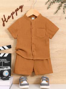 SHEIN Leap Crew Baby Boy Patched Pocket Shirt & Shorts - Rust Brown - View 1