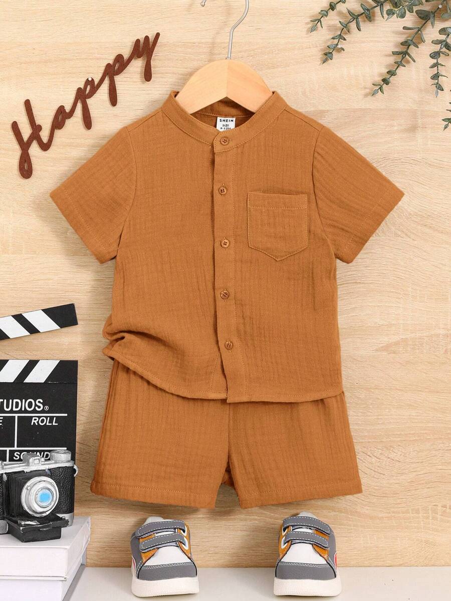 SHEIN Leap Crew Baby Boy Patched Pocket Shirt & Shorts - Rust Brown - View 1