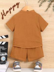 SHEIN Leap Crew Baby Boy Patched Pocket Shirt & Shorts - Rust Brown - View 2