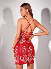 Allurite Thêu hoa Ren hở lưng Váy Dây - Đỏ - Xem 1