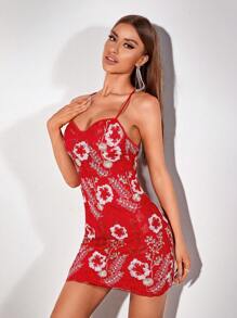 Allurite Thêu hoa Ren hở lưng Váy Dây - Đỏ - Xem 3