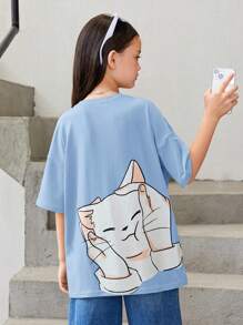 SHEIN 女大童卡通圖案落肩T恤 - 淺藍色 - 查看 1