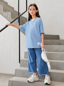 SHEIN 女大童卡通圖案落肩T恤 - 淺藍色 - 查看 2