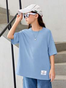 SHEIN 女大童卡通圖案落肩T恤 - 淺藍色 - 查看 3