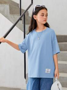 SHEIN 女大童卡通圖案落肩T恤 - 淺藍色 - 查看 4