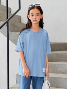 SHEIN 女大童卡通圖案落肩T恤 - 淺藍色 - 查看 5