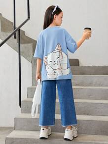 SHEIN 女大童卡通圖案落肩T恤 - 淺藍色 - 查看 6