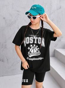 SHEIN 青少年女孩字母圖案落肩T恤&騎行褲