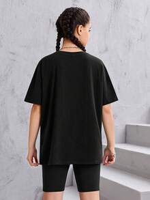 SHEIN 青少年女孩字母圖案落肩T恤&騎行褲