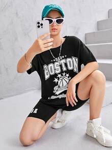 SHEIN 青少年女孩字母圖案落肩T恤&騎行褲