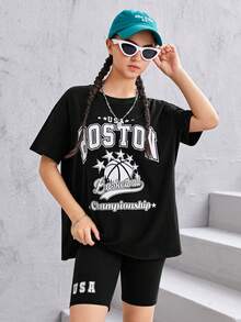 SHEIN 青少年女孩字母圖案落肩T恤&騎行褲