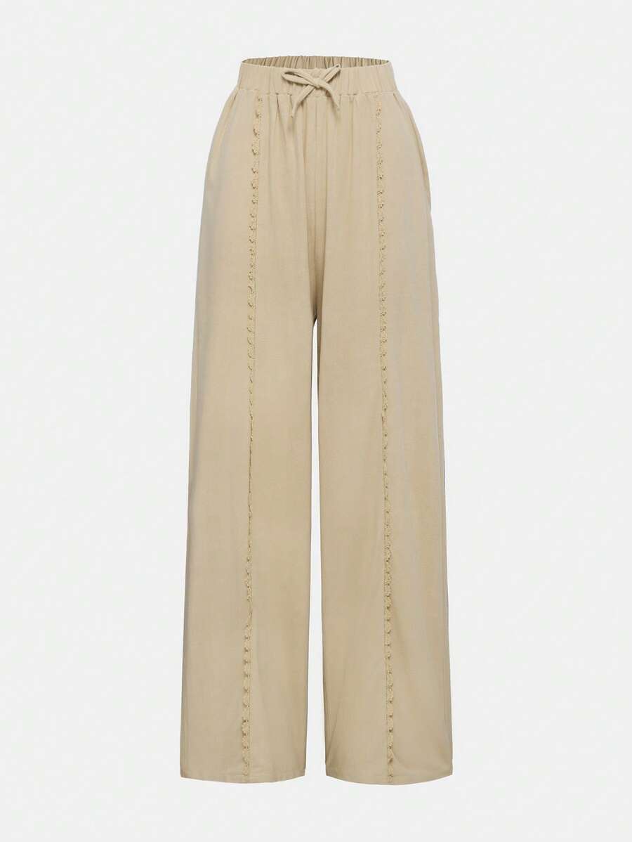 SHEIN Teen Girl Drawstring Waist Wide Leg Trousers - Khaki - View 1