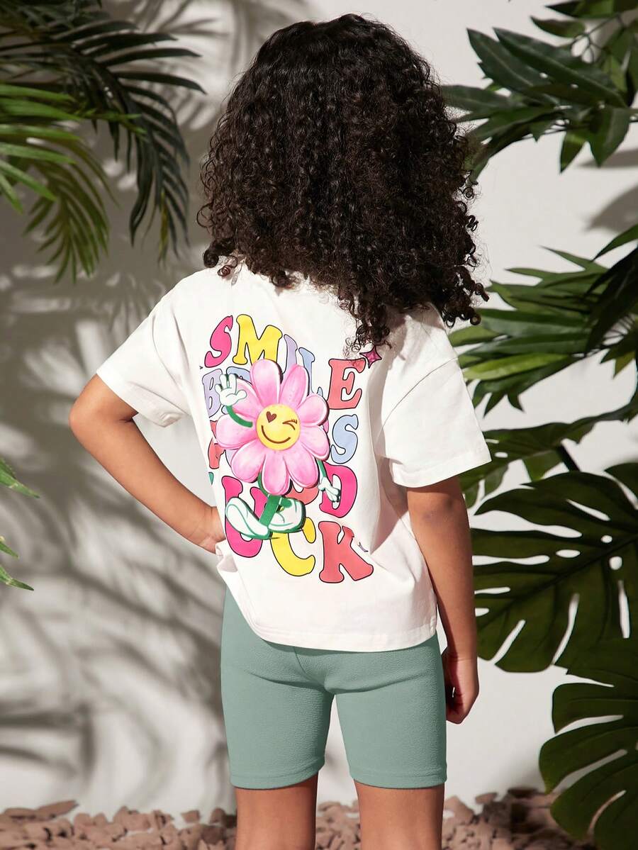 SHEIN 女小童花卉和字母圖案落肩T恤&騎行褲 - 薄荷綠 - 查看 1