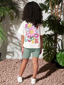 SHEIN 女小童花卉和字母圖案落肩T恤&騎行褲 - 薄荷綠 - 查看 2