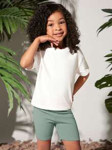 SHEIN 女小童花卉和字母圖案落肩T恤&騎行褲 - 薄荷綠 - 查看 4