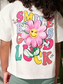 SHEIN 女小童花卉和字母圖案落肩T恤&騎行褲 - 薄荷綠 - 查看 5