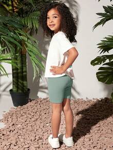 SHEIN 女小童花卉和字母圖案落肩T恤&騎行褲 - 薄荷綠 - 查看 6