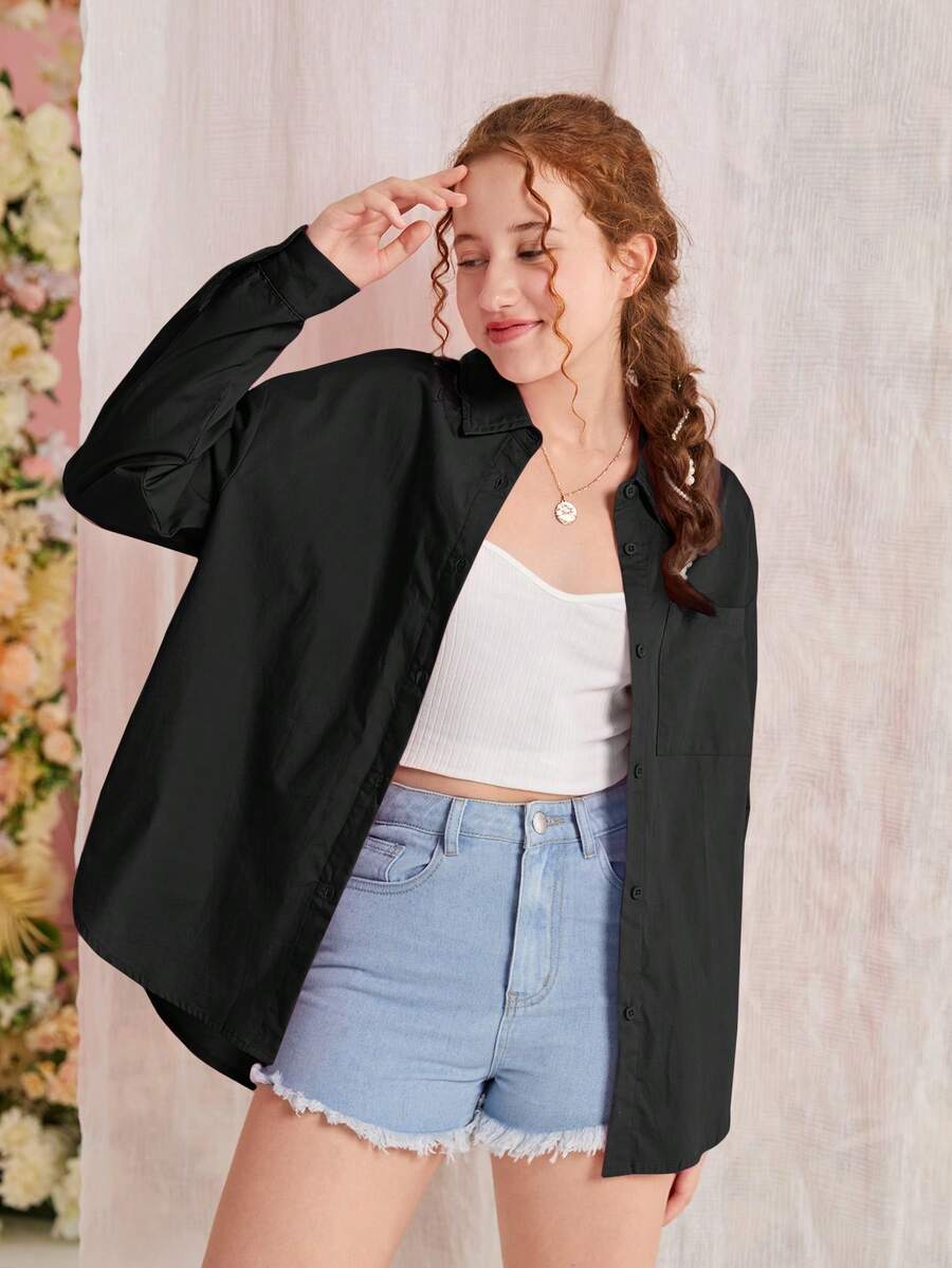 SHEIN 青少年女孩落肩袖前紐扣襯衫不附吊帶上衣 - 黑色 - 查看 1